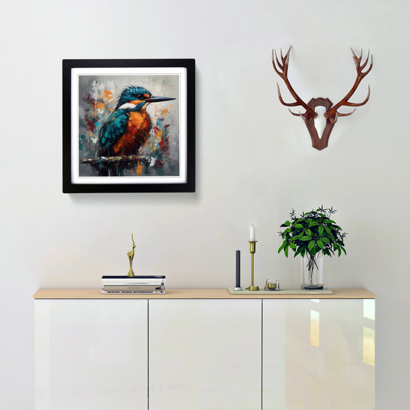Kingfisher Abstract Expressionism - Single Picture Frame Print on Wood, Black