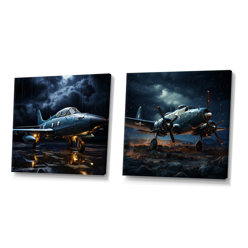 Avion militaire - Blue Thundering Skies - Ensemble de 2 carrés de collage militaire, Toile tendue, H 30 po x l 61 po