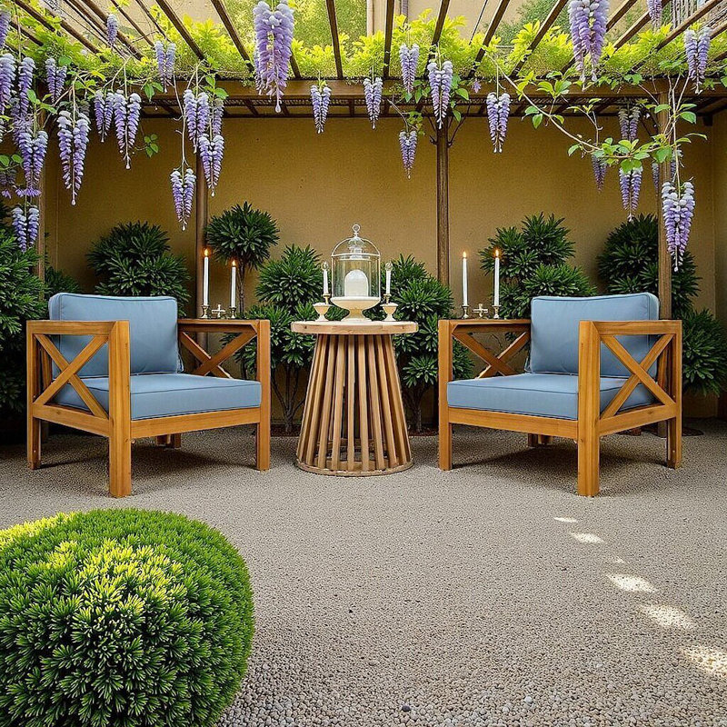 Ensemble de conversation d'extérieur en bois d'acacia avec coussins, 2 chaises et table d'appoint, Bleu