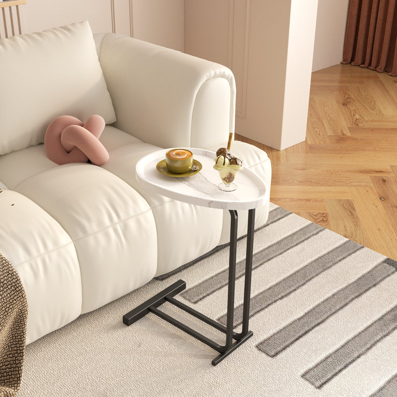 C-Shaped Side Table, C Table End Table For Sofa And Bedside, Couch Side Tables, Wood C-Shaped End Table With Metal Frame Slide For Bedroom Living Room (White)