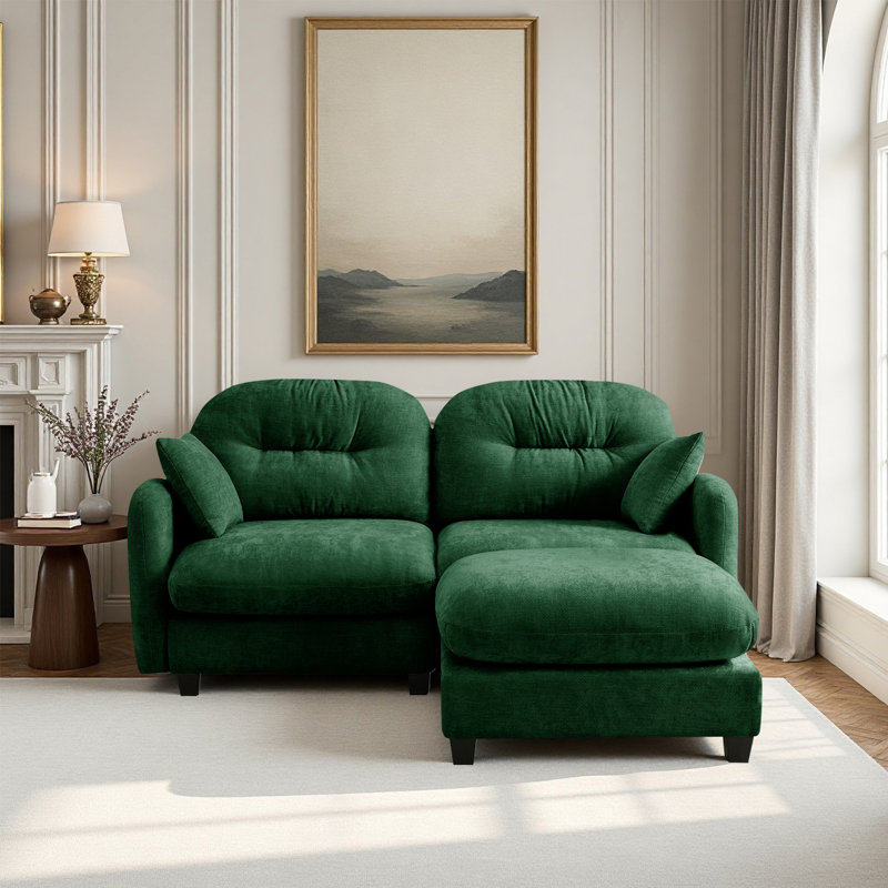 Sectional L-shaped Couch With Ottoman, Chenille Fabric, Green Chenille