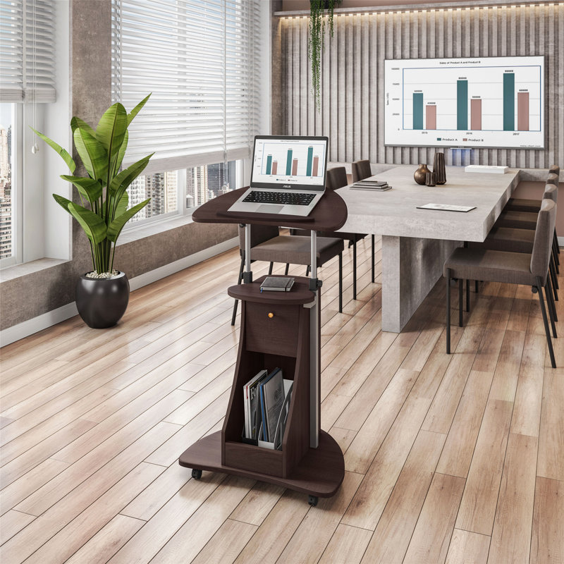 Chariot pour ordinateur portable contemporain réglable avec rangement verrouillable et tablettes, Brun