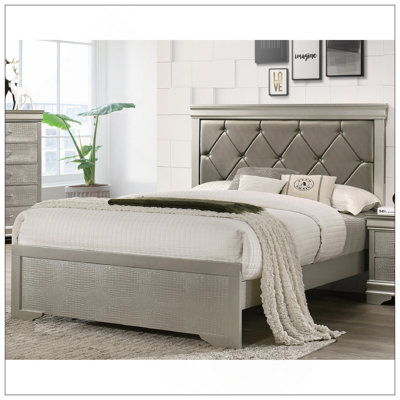 Modern 1Pc Beige Champagne Finish Twin Size Panel Youth Bed Wooden Crocodile Texture PU Upholstered Headboard Crystal-Like Button Tufted Fabric Bedroo