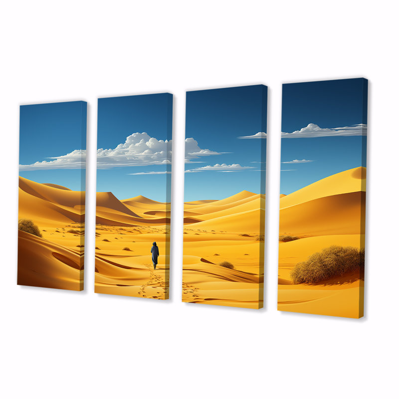 «Walking In The Yellow Azure Desert - Space Landscape», ensemble de 4 pièces d'art mural, H 32 po x l 64 po