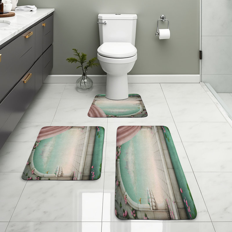  Ensemble de tapis de salle de bain rétro 3 pièces en forme de U et de tapis rectangulaires vert menthe et noix de coco