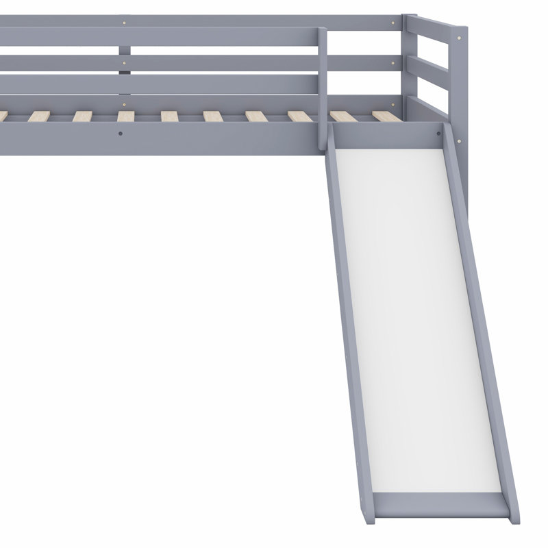 Low Loft Bed With Slide, Ladder, Safety Guardrails, Gray