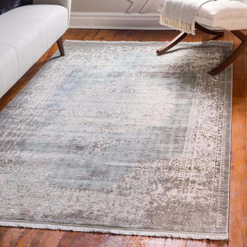Teadora Gray/Light Blue/Ivory Area Rug, Rectangle 6'1" x 9'
