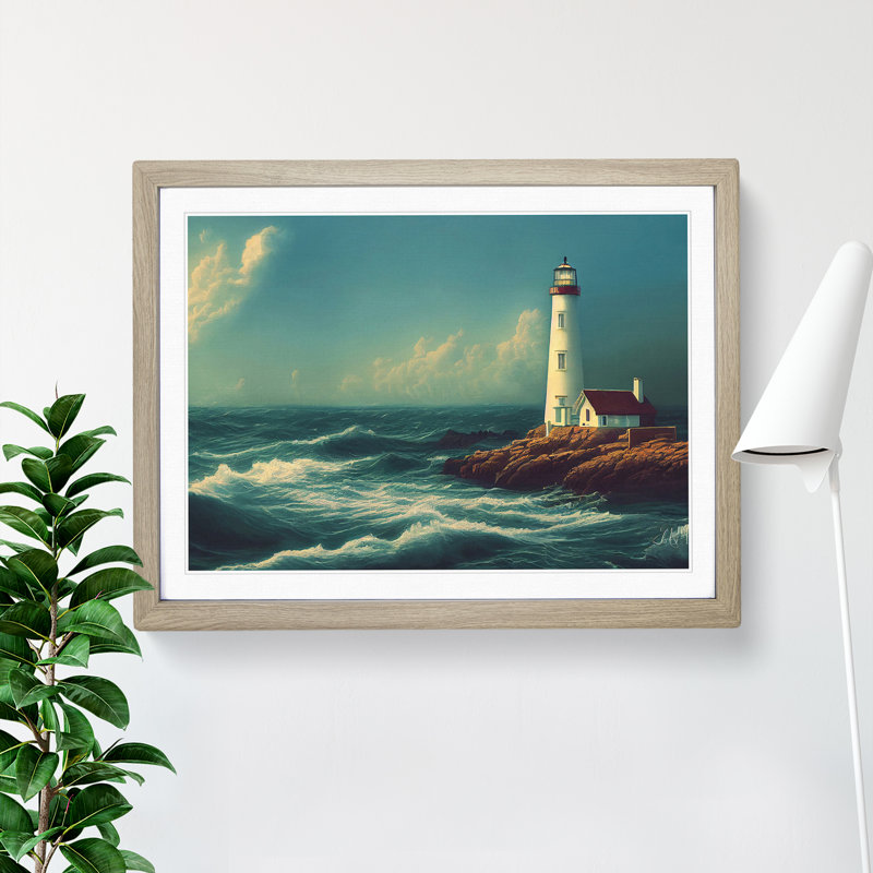 Revered Lighthouse Seascape - Single Picture Frame Painting, 25cm H x 34cm W x 2cm D, Oak Framed
