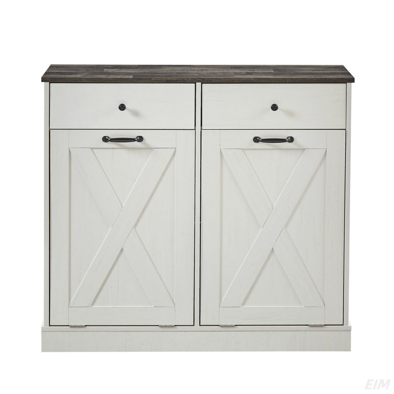 Double Door Trash Can Tilt Trash Cabinet Kitchen Trash Can - White (Cabinet)