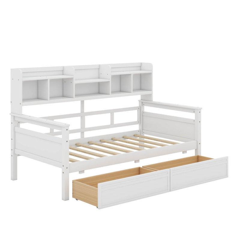 Lit de jour bibliothèque en bois avec tablette de chevet et deux tiroirs, Lit simple, Blanc