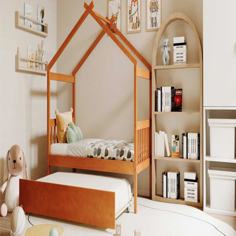 Lit simple en bois avec lit gigogne simple, noyer, Noyer, Simple