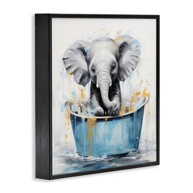 «Bathing Baby Elephant Giclee Art» par Lazar Studio, H 24 po x l 24 po, Giclée encadrée noir minuit