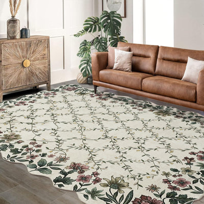 Tapis extérieur festonné à damier festonné Boho Tapis floral rétro à poils courts, lavable et antidérapant