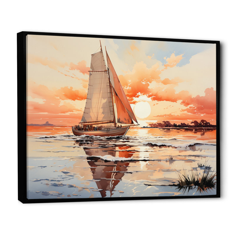 «Dixion Peach Sail Boat Into The Sunset», reproduction d'art sur toile, Cadre flottant noir, H 16 po x l 32 po x P 1 po