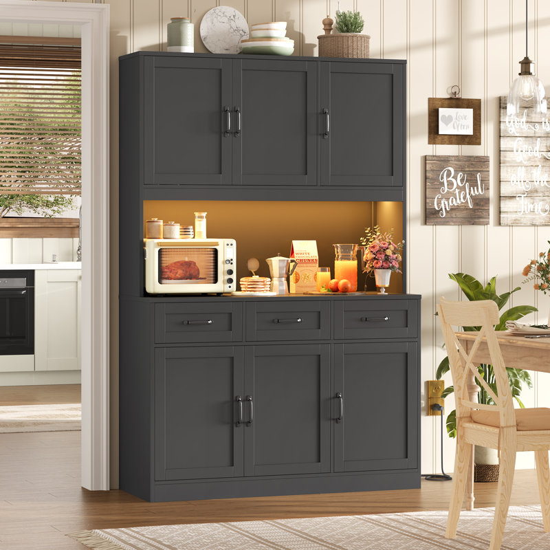 71.6"H Kitchen Pantry With LED Lights, Large Kitchen Hutch Storage With Microwave Shelf & Charge Station, Black