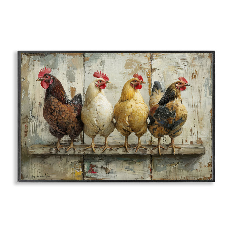  Poulets dans une rangée, estampe numérique par LSR Design Studio, Giclée encadrée noir minuit, H 12 po x l 18 po