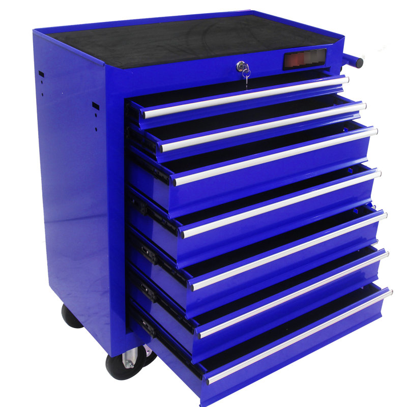 Chariot-atelier bleu à 7 tiroirs avec roulettes et serrure à clé, acier laminé à froid, thermolaqué, 4 po, glissière à roulement pour verrou de chargement de 15 kg, 2 freins,