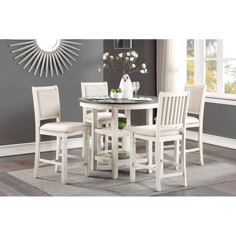 Ensemble de table de salle à manger à hauteur de comptoir 5 pièces blanc antique et brun avec tablettes intégrées et 4 chaises de hauteur de comptoir en bois