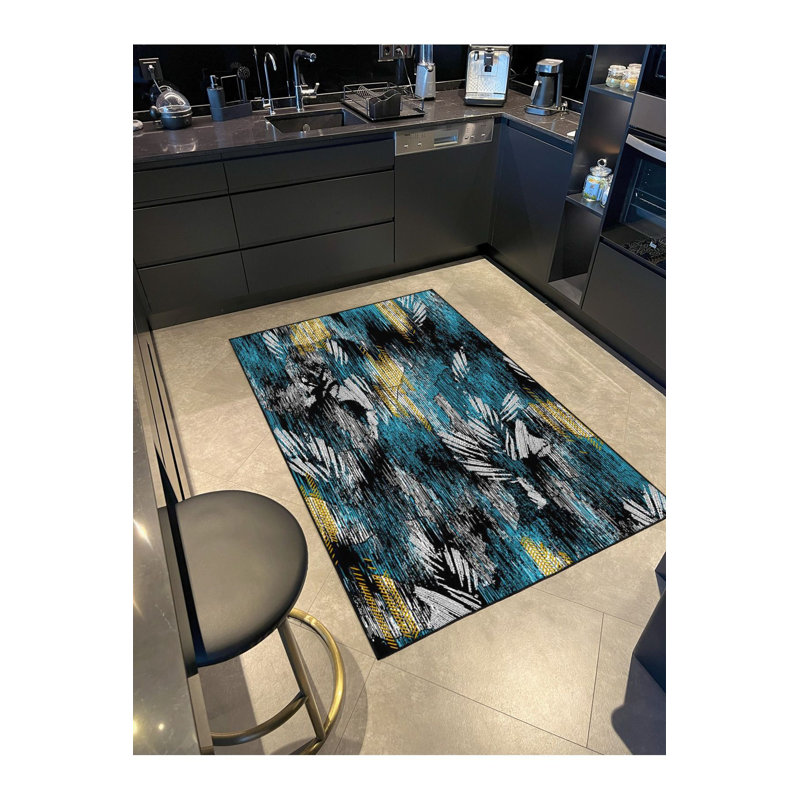 Machine Washable Winged Patterned Blue Woven Base Area Rug, Runner 4'11" x 9'10" Rug Pad Included