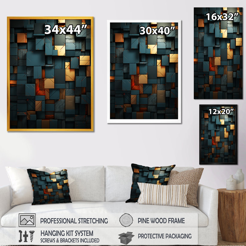 «Green and Gold Stylish Dark Geometric Elegance I», art mural abstrait, Toile tendue, H 32 po x l 24 po x P 1 po