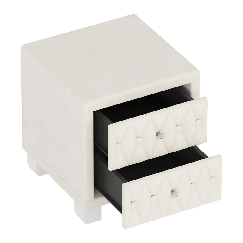 Table de chevet en velours beige avec 2 tiroirs Dicat
