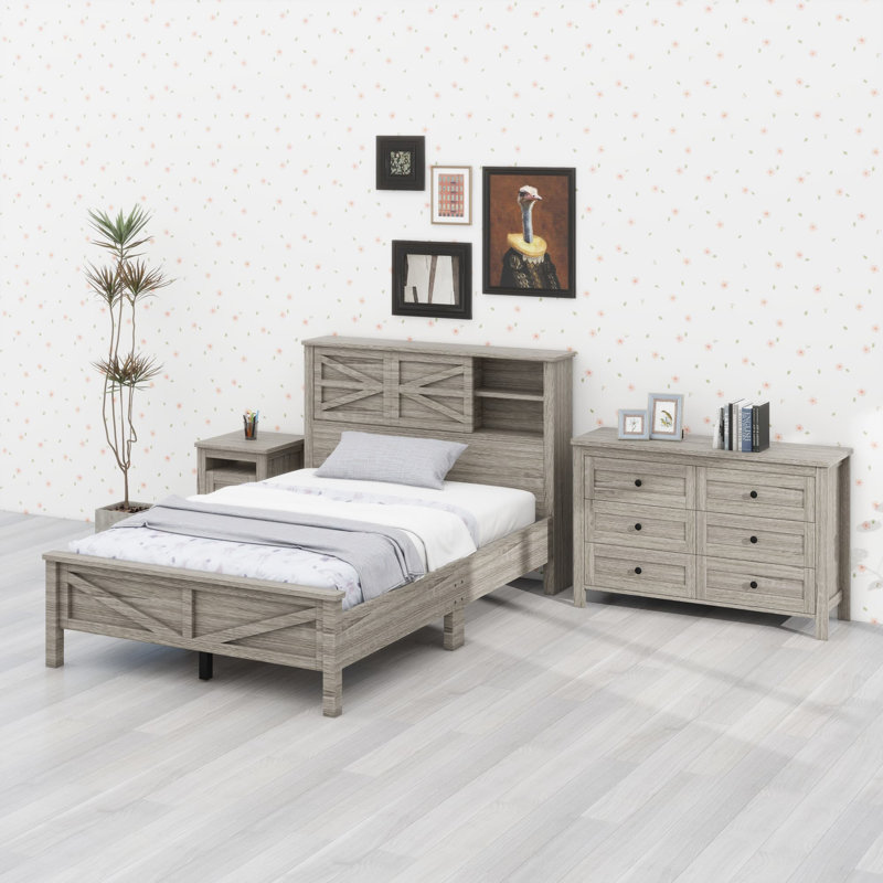 Ensemble de lit plateforme 3 pièces avec tête de lit double à porte coulissante, station de charge, table de chevet et commode