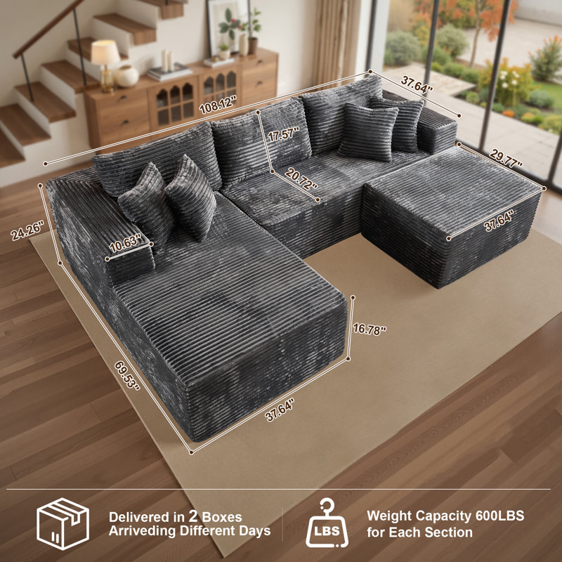 Navarrie 2 - Piece Upholstery Boneless Compression Sofa, No Assembly Required Sectional, Gray Plus Corduroy