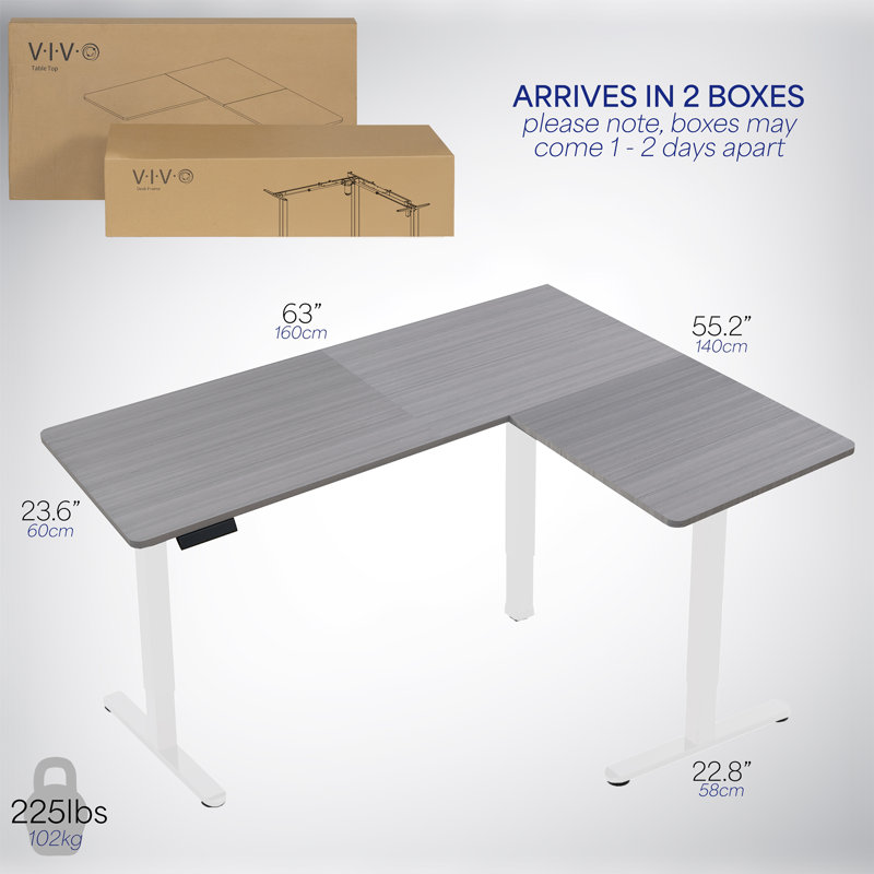 Bureau d'angle électrique VIVO, plateau de table à 3 sections