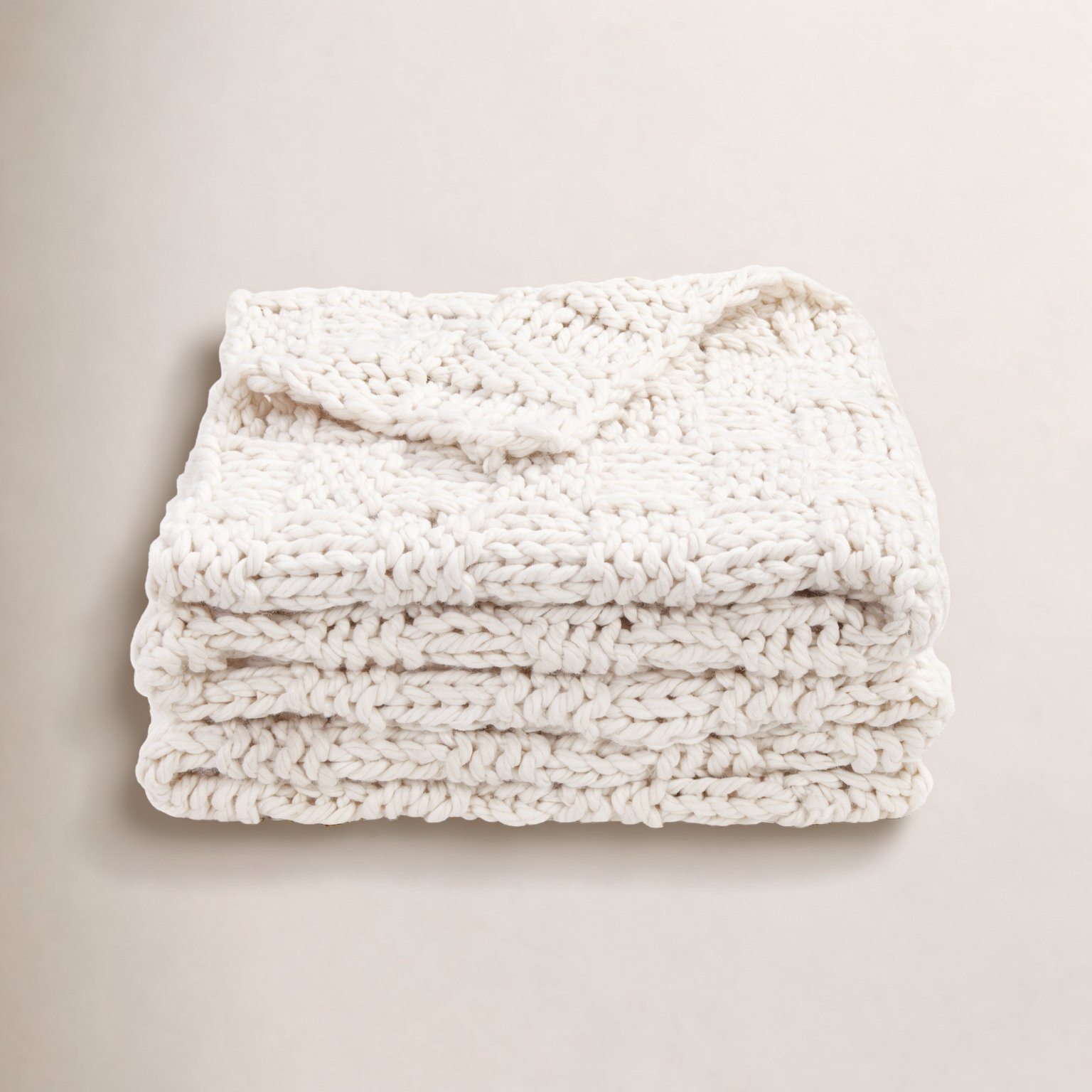 Hand-Knitted Wool Throw Blanket, Natural, 60" L x 50" W