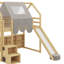 Lit mezzanine en bois avec structure en forme de maison et auvent de tente-2063129196-2063129197