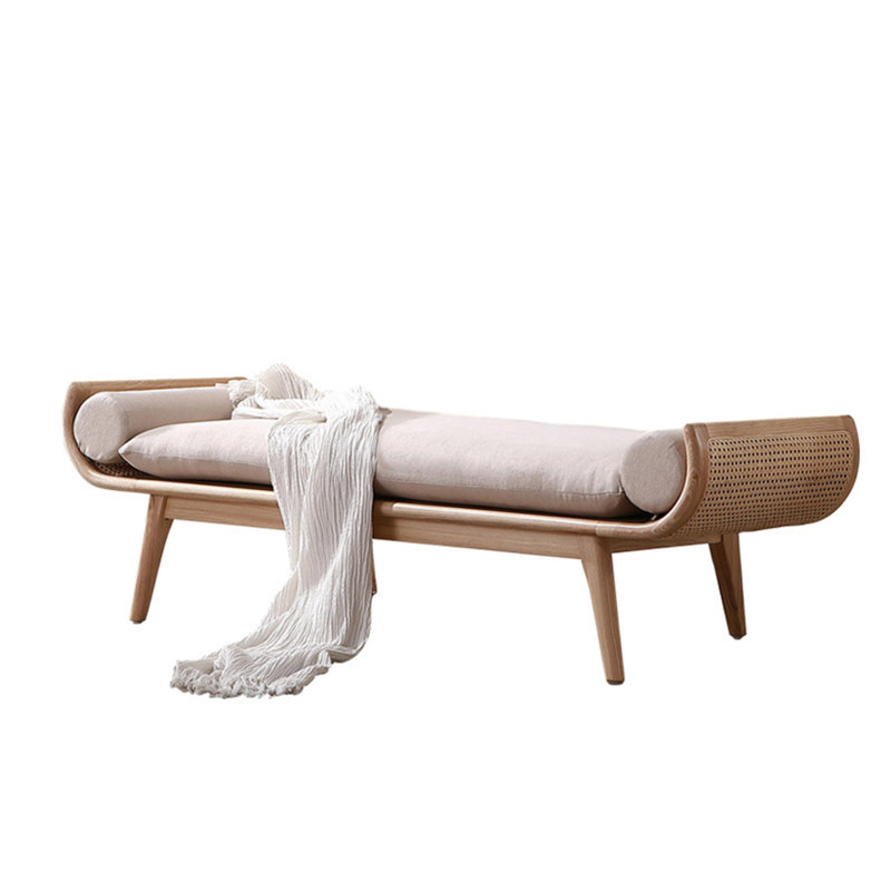 Banc revêtu de rotin en bois massif, Beige, H 19,69 po x l 64,96 po x P 15,75 po