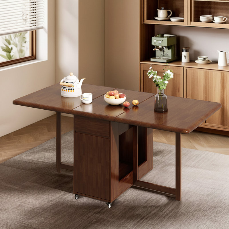 Retro Style Folding Dining Table with Wheels & Storage, 1.3m & 1.5m Walnut, 4-6 Seater Movable Kitchen Table for Small Spaces, Flats, Living Rooms Fully Assembled, No Assembly Required.(Single Dining Table)