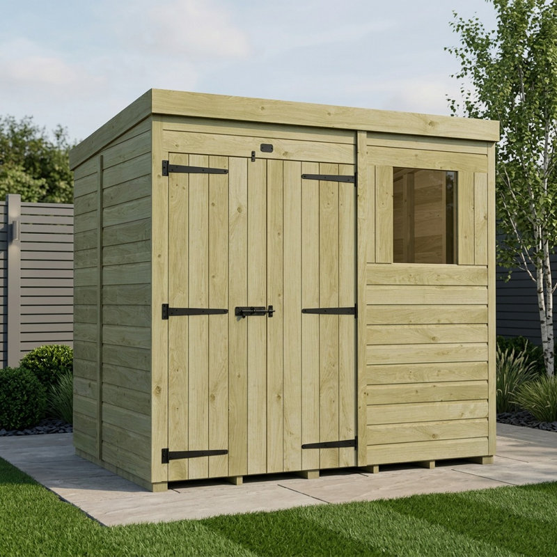 Total Sheds 7ft x 5ft Pent Garden Shed - Double Door - With Windows - Pressure Treated Timber - UK Manufactured