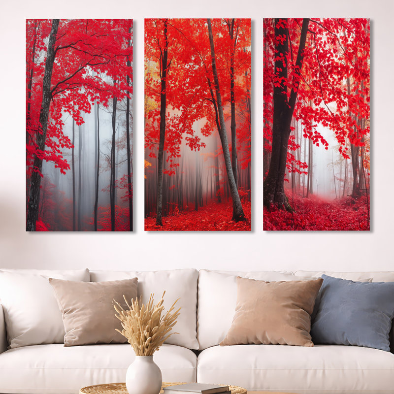 «Red Maple Forest», ensemble de 3 reproductions d'art sur toile, 40" H x 60" W, Wrapped Canvas