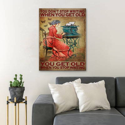 Typing Girl - You Don't Stop Writing When You Get Old Gallery Wrapped Canvas - People Illustration Decor, Red And Brown Living Room Decor