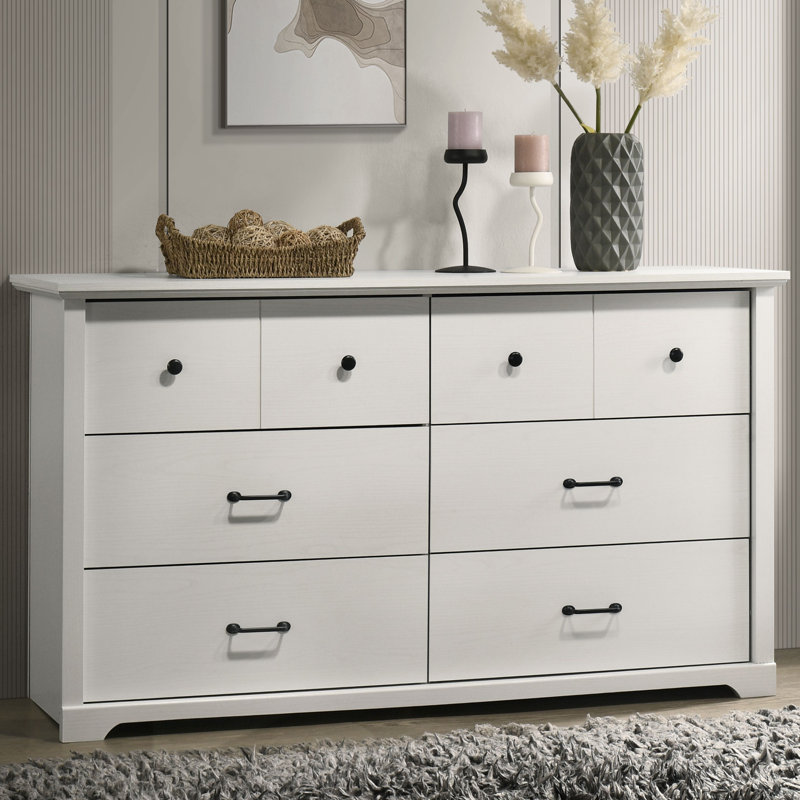 57"W White 6-Drawer Dresser with Black Handles, White