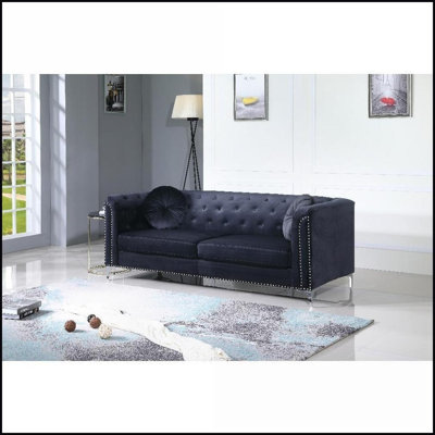 Canapé Mid-Century en microsuède doux avec dossier capitonné Pieds chromés - Noir | Noir | Velours | Dossier capitonné