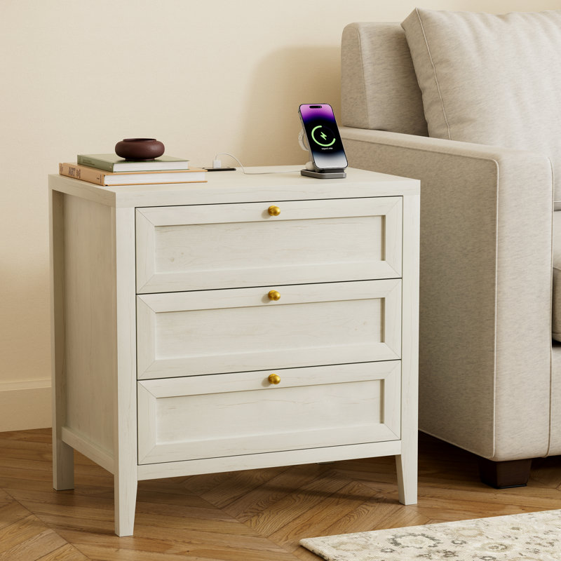 Farmhouse Nightstand With Build-In Power Strip For Bedroom, Living Room, Set of 2, Antique White