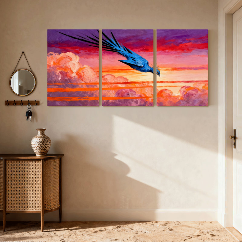 «Birds Blue Bird Soaring Over Sunset Sky Clouds», ensemble de 3 impressions sur toile, H 24 po x l 48 po