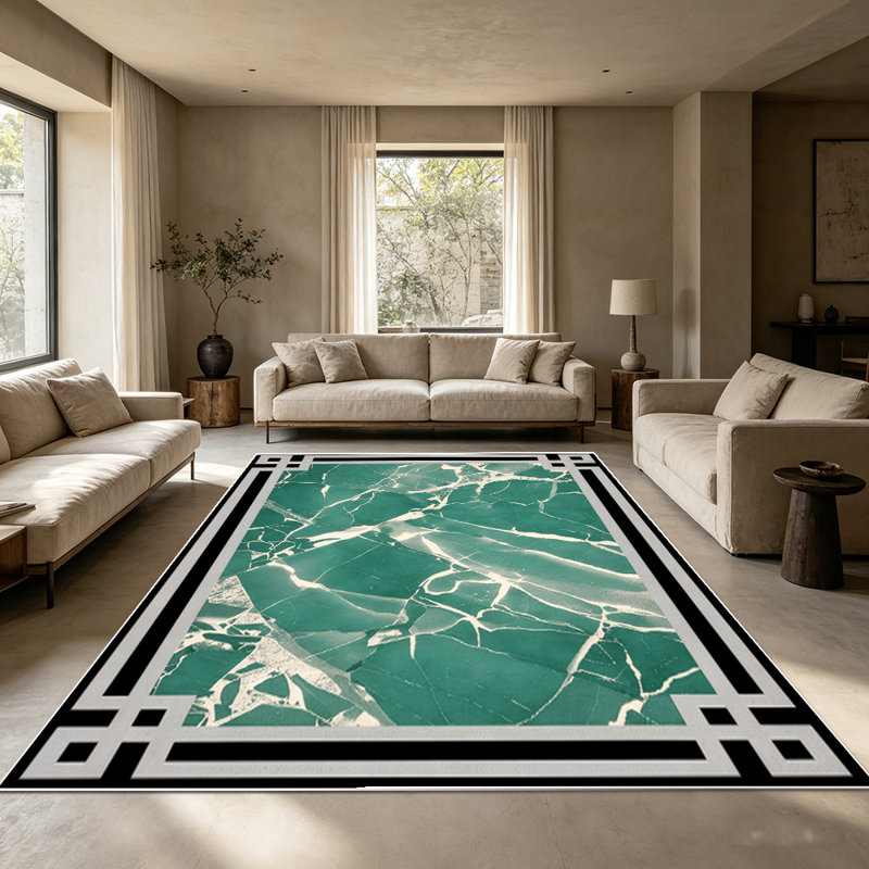 Marble Pattern Area Rug, Modern Abstract Veined Floor Carpet with Decorative Border, Soft Washable Low-Pile Rug for Living Room, Bedroom, Dining Room, Office