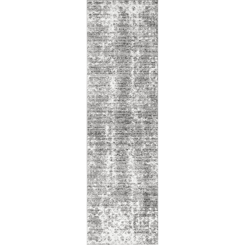 Tapis performance gris / blanc moderne à motif abstrait tissé à la machine Deedra, Tapis de couloir 2 pi 6 po x 12 pi