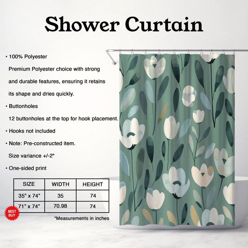 Rideau de douche 1 pièce Soft Mint Florals, H 74 po x l 71 po