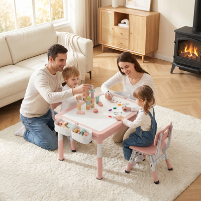 Kids Table & 2 Chairs Set, Height Adjustable Children Activity Table w/Storage, Graffiti & Building Blocks Tabletop, Toddler Furniture Set for Classroom, Daycare, Home