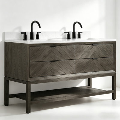 60" Freestanding Double Sink Solid Wood Gray Oak Bathroom Vanity with Engineered Marble Top