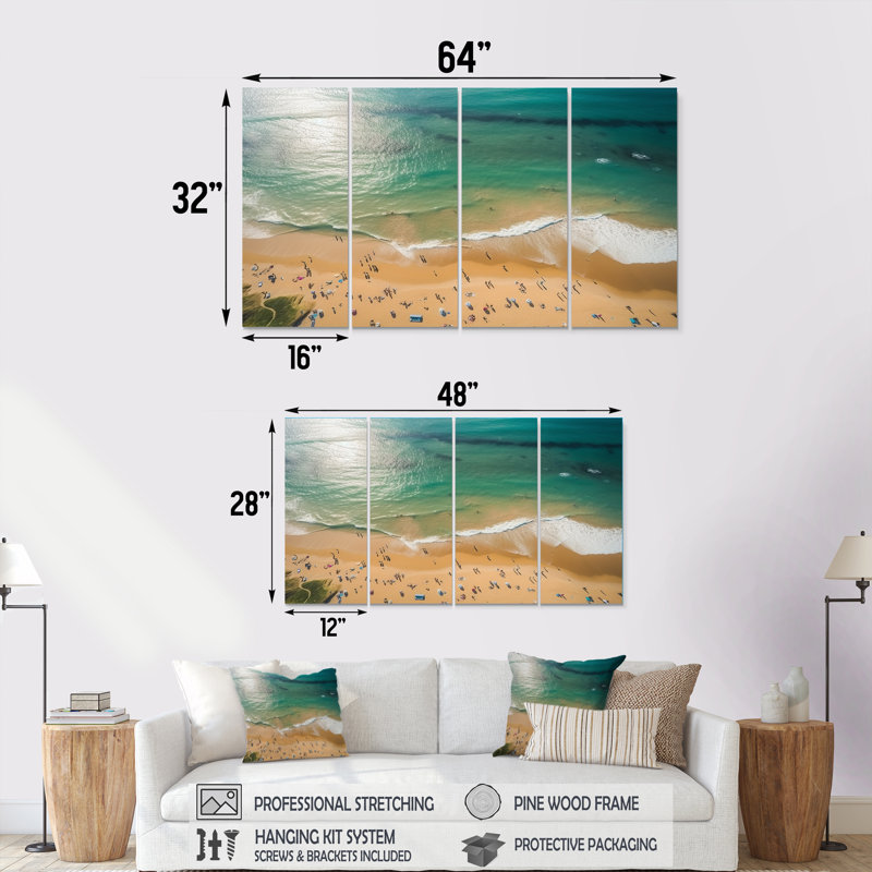 «Green Coastal Beach ATA View IV - Beach & Ocean», art mural 4 pièces, H 32 po x l 64 po