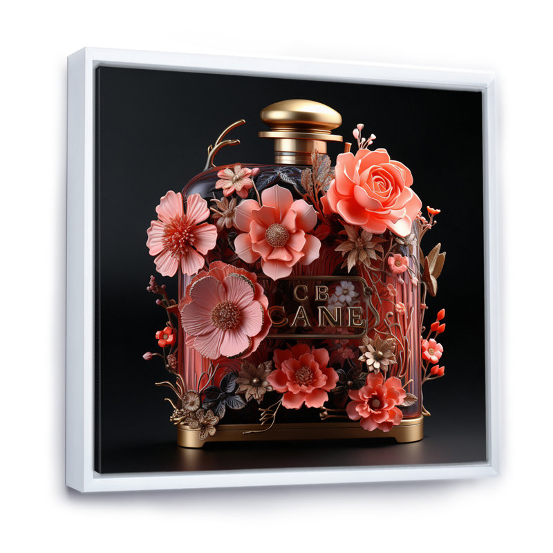 «Perfume Bottle With Pink Blossoming Flowers I», reproduction d'art sur toile, H 16 po x l 16 po x P 1 po