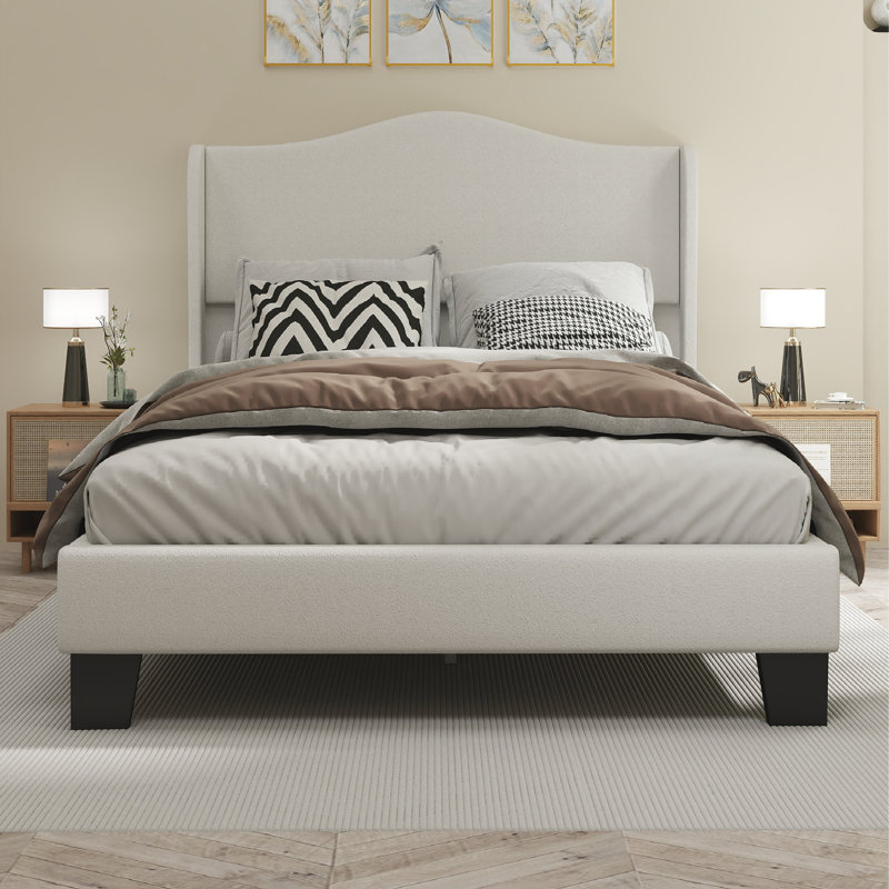 Lit plateforme en chenille pleine grandeur avec tête de lit à oreilles de 51 po de hauteur, tissu doux chenille, lit plateforme simple de style rétro sans sommier, facile à assembler, beige