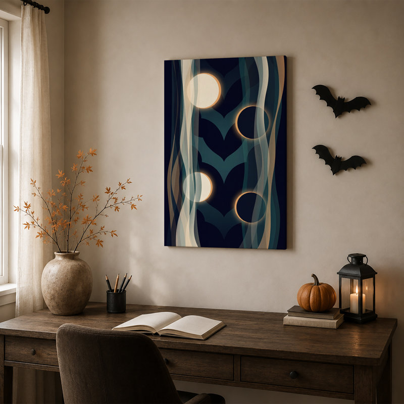 Toile murale d'Halloween : Vagues bleues et turquoise abstraites avec des cercles lumineux, 36"H x 24"W