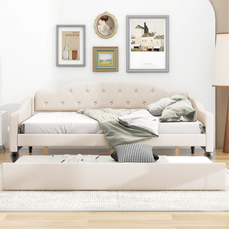 Full Size Upholstered Tufted Daybed With Two Drawers, Beige