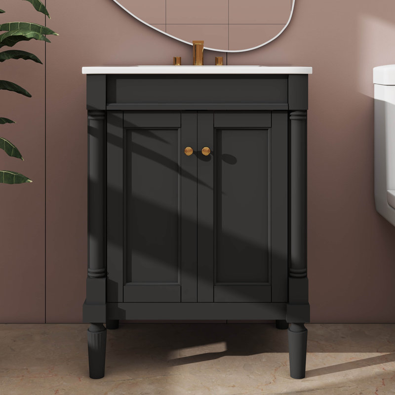 Meuble-lavabo de salle de bain sophistiqué 24 po avec lavabo supérieur à 2 niveaux avec esthétique moderne, Noir, Doré
